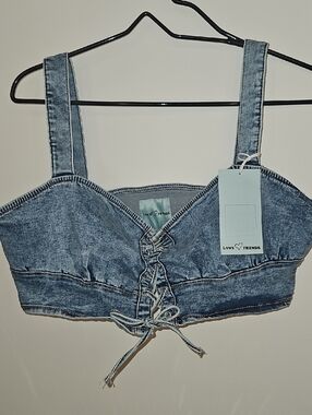 Love Trends Denim Lace-Up Crop Top - Light Blue